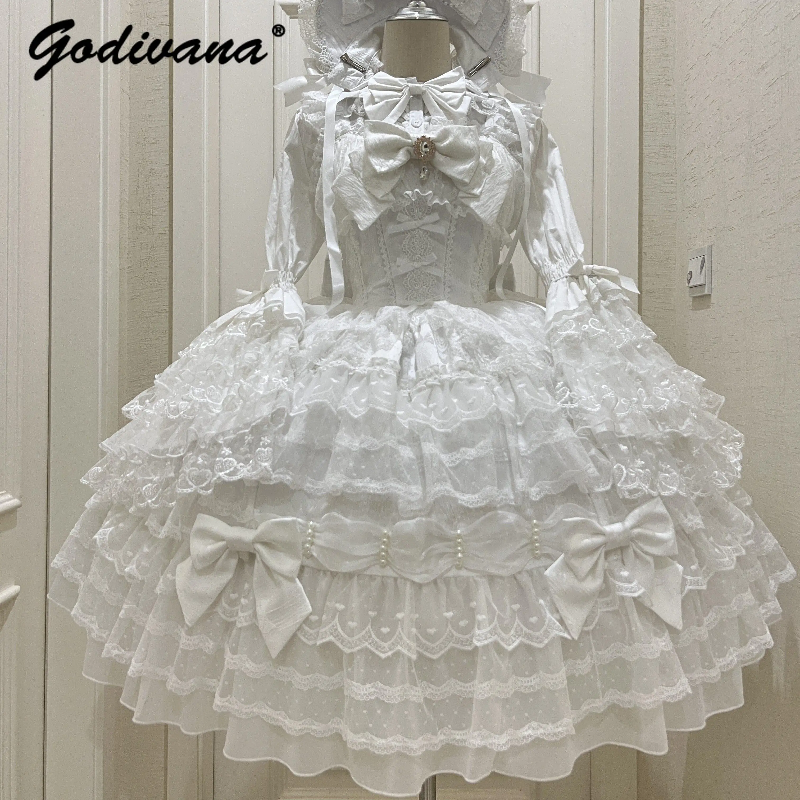 Original Design Lolita Sweet Dress Set Girl Women's Cute Lace Flare Sleeve Inner Shirt Fairy Lace Bow Jsk Suspender Cake Dress 5