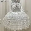 Original Design Lolita Sweet Dress Set Girl Women's Cute Lace Flare Sleeve Inner Shirt Fairy Lace Bow Jsk Suspender Cake Dress 5