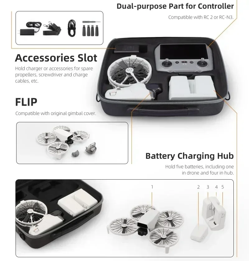 DJI Flip/RC 2/RC N2/N3용 보관 가방 플라이 모어 콤보 휴대용 운반 케이스(어깨끈 포함) 보호용 핸드백 액세서리