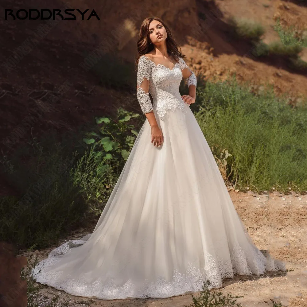 

RODDRSYA Princess Lace Wedding Dress 3/4 Sleeves V-Neck Applique Bride Gowns A-Line Civil Scoop Custom Made Vestidos De Novia