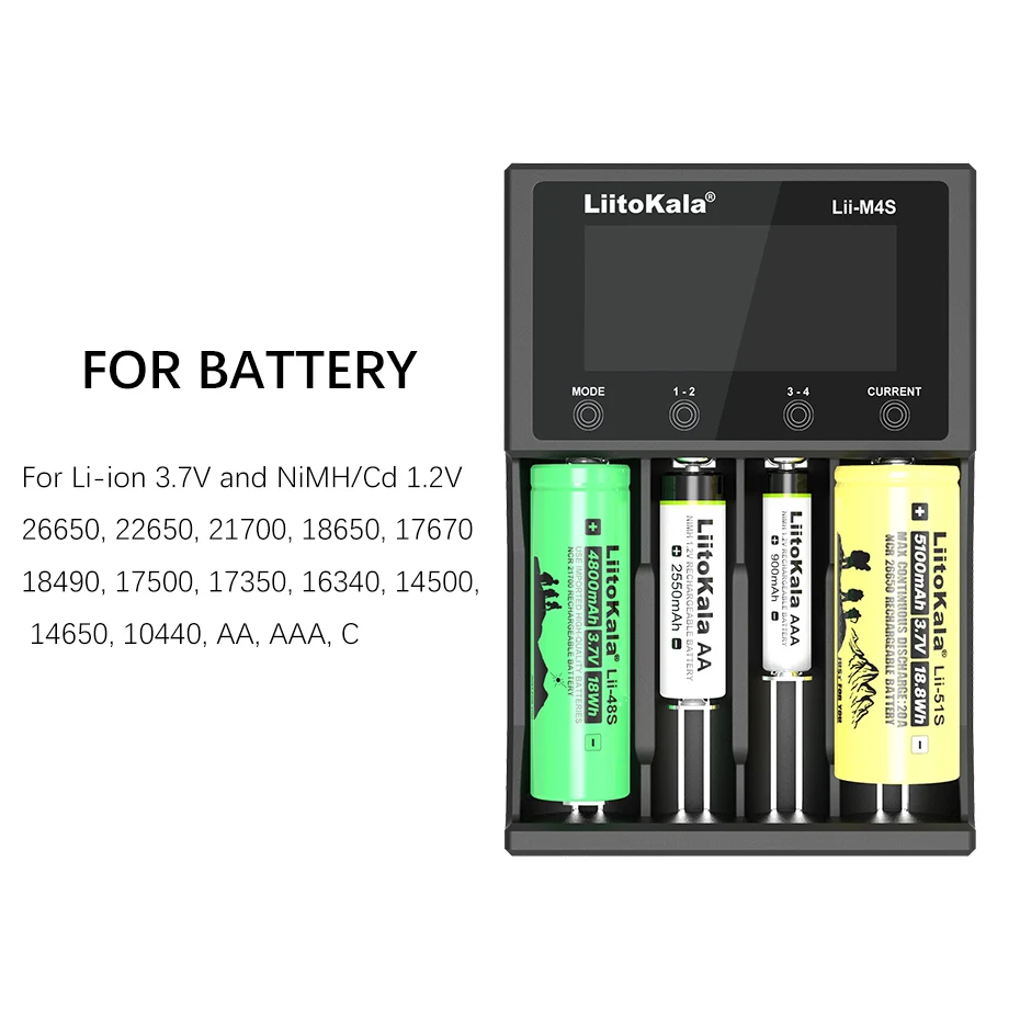 LiitoKala Lii-M4S 충전식 배터리 충전기, 3.7V 18650 26650 21700 18500 리튬 이온 1.2V Ni-MH AA LCD 테스트 용량