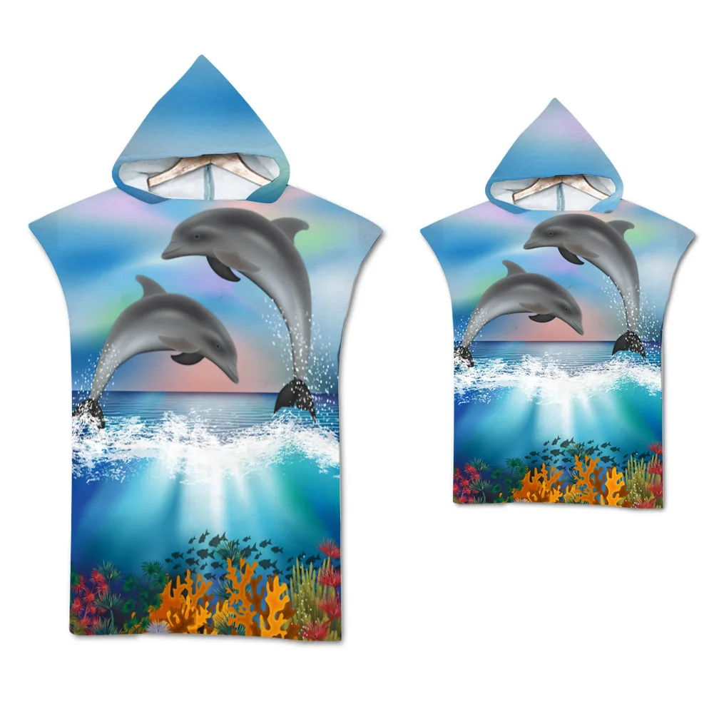 Underwater World Dolphin Hippie Adult Beach Towel Whale Jump Pattern Hooded Bath Towel Surf Poncho Changing Robe Bathrobe Decor microfiber towels,quick drying towel,surf changing robe