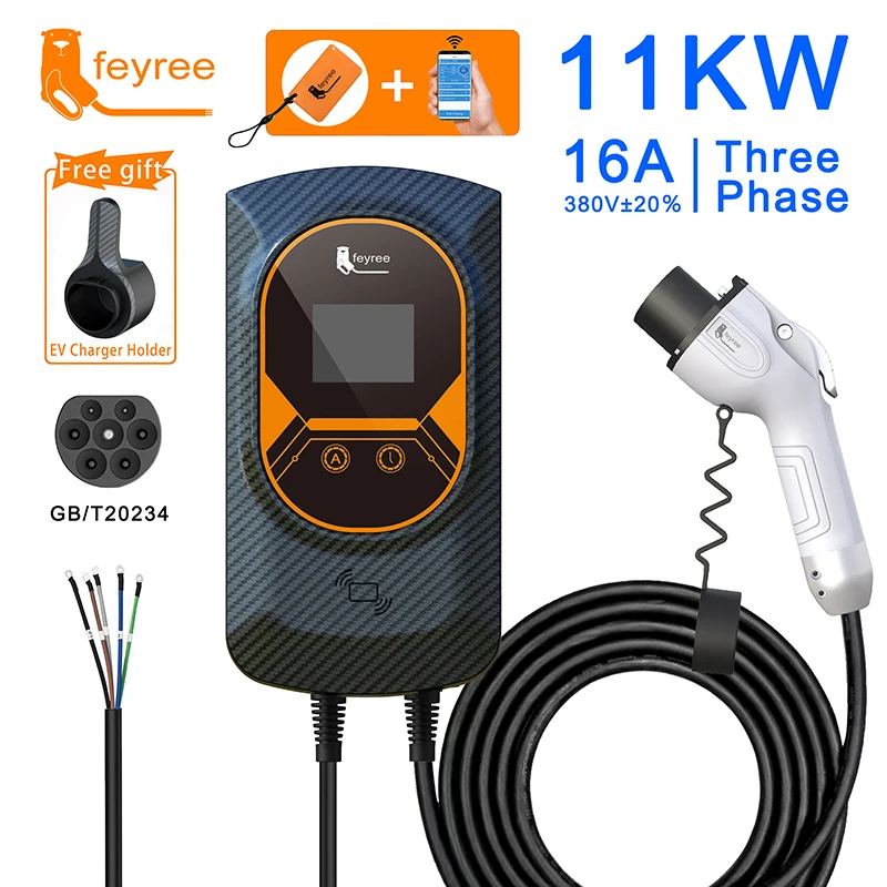 Fey123-Chargeur EV pour Véhicule Électrique, Prise GB/T, EVSE, Wallbox, 32A, 22KW, 3 Phases, 16A, 11KW, Télécommande, Station de Recharge, 7,6 KW, Câble de 5m