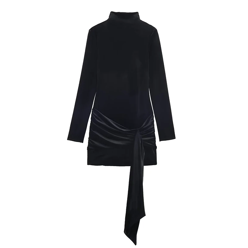 Women Fashion Velvet Elegant Short Dress Autumn New Long Sleeve Belt Stand Collar Slim Mini Dress Female Party Dresses