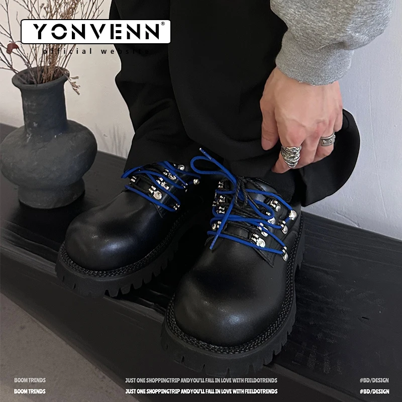 YONWENN Original Work Leather Shoes for Men's Fashion Double Lace Design Official Website Color blocked Big Head Formal Shoes