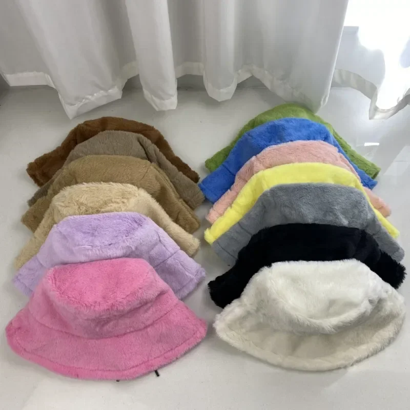 Women Bucket Hat Rabbit Plush Fisherman Style Colorful Warm Windproof Cold-proof Wide Brim For Winter