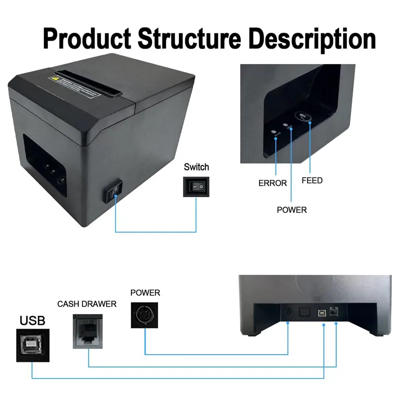 자동 절단기가 있는 POS 80mm USB 블루투스 열전사 영수증 프린터 현금 서랍 지원 안드로이드/iPhone/Windows/Mac과 호환 가능