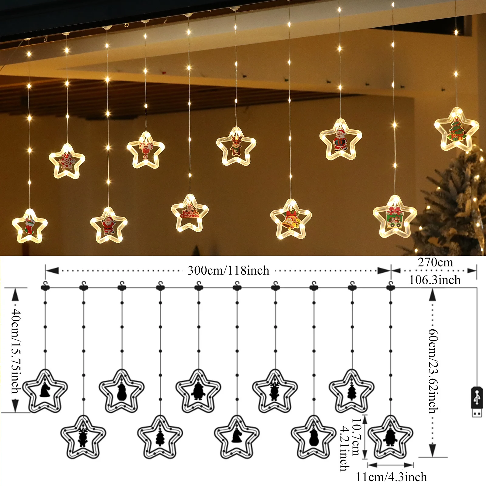 Guirlande lumineuse de Noël pour rideaux et fenêtres, 100 LED, 8 modes d'éclairage_voghion.com