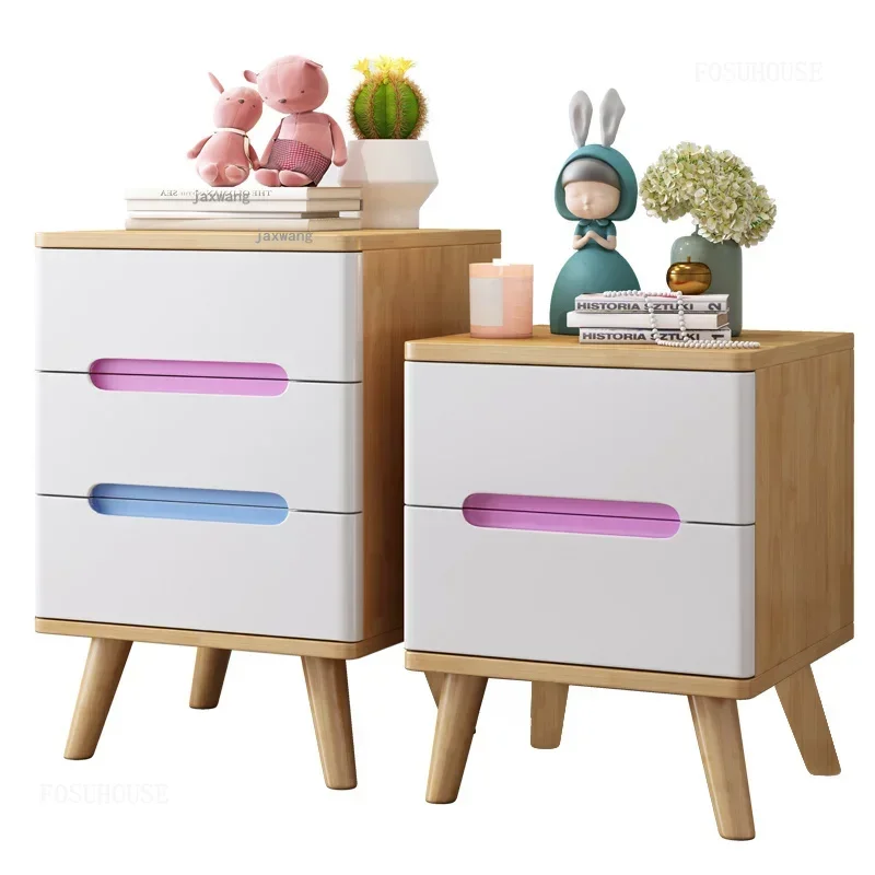 Nordic Solid Wood Apartment Children's Bedside Tables Bedroom Living Room Locker Simple Dormitory Study Kids Storage Cabinets H