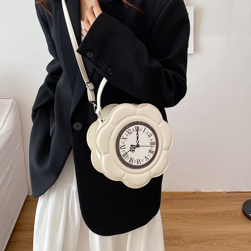 Kreative Umhängetasche für Damen, runde Uhrform, Umhängetasche, Retro-PU-Leder, Designer-Handy-Geldbörse für süße Mädchen und kleine Handtasche – Detail 24