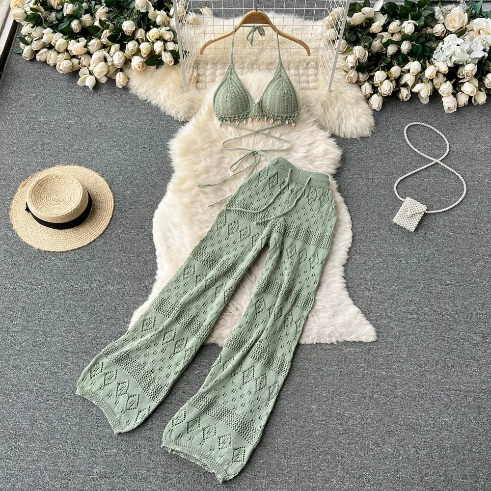 Women Beach Pant and Top Suit Summer Fashion European Style Hollow Knitted Breathable Backless Short Tops+ Wide Leg Pants Hawaii