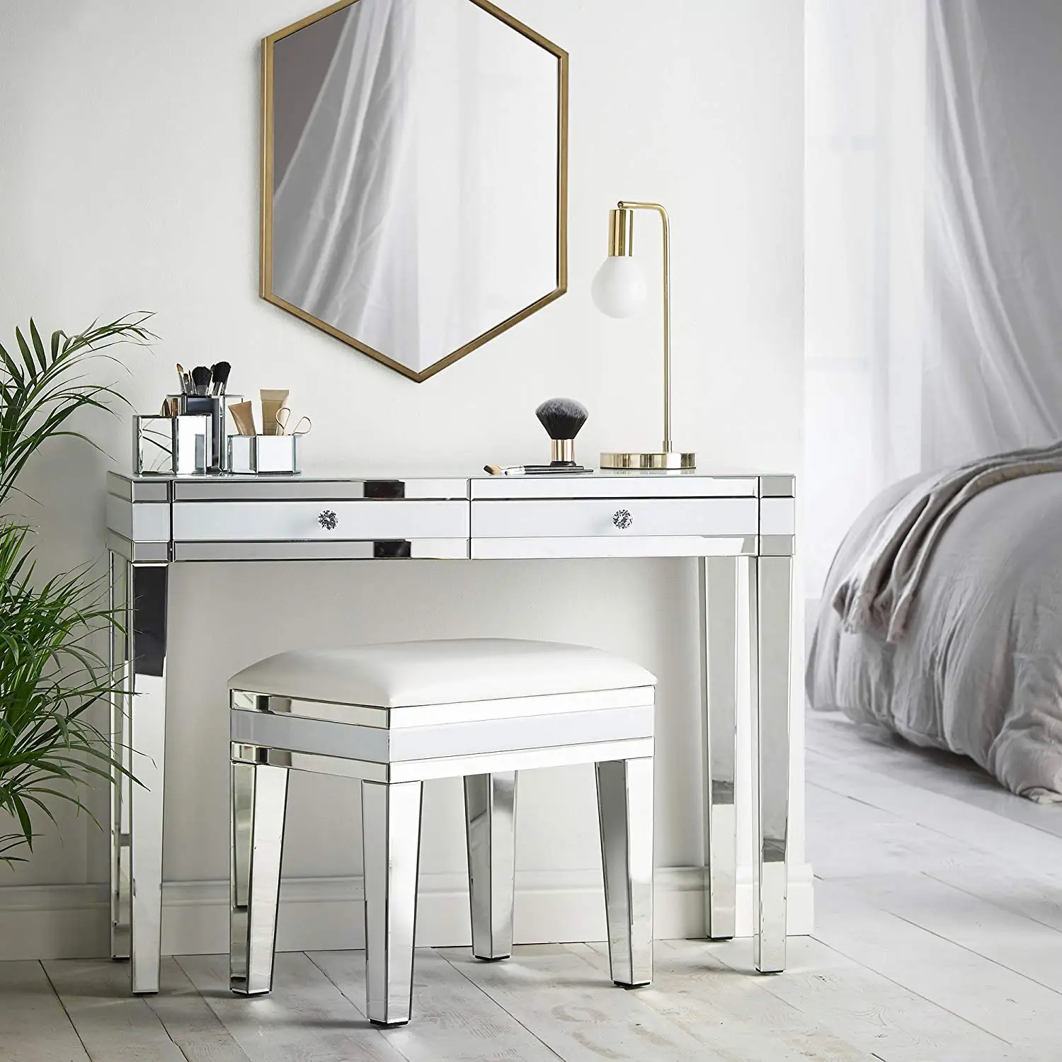 White Glass Drawer Mirrored Dressing Table Eco-friendly
