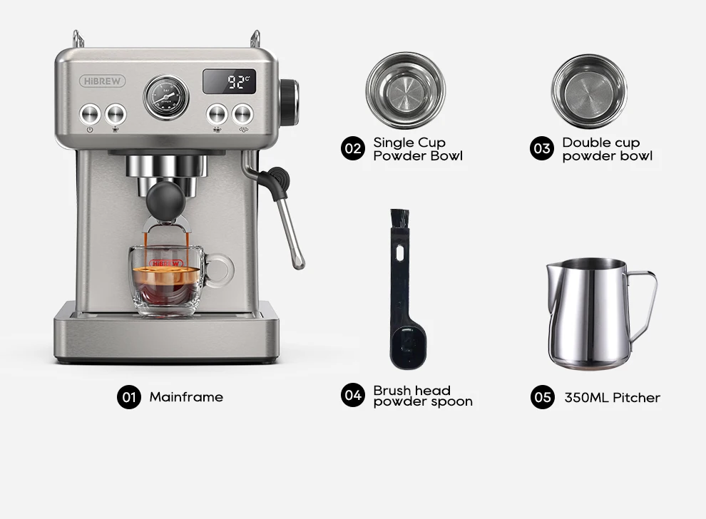 Hibrew 20bar Espresso Coffee Machine Inox Case Semi Automatic Ese Pod&ground Coffee Espresso