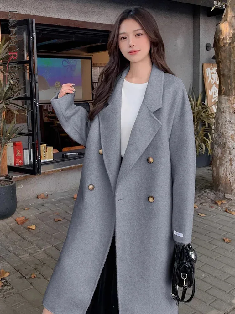 

LANMREM Handmade Double-sided Wool Coat For Women Lapel Double Breasted Loose Casual Female Clothing Korean Style Winter 2DA2337