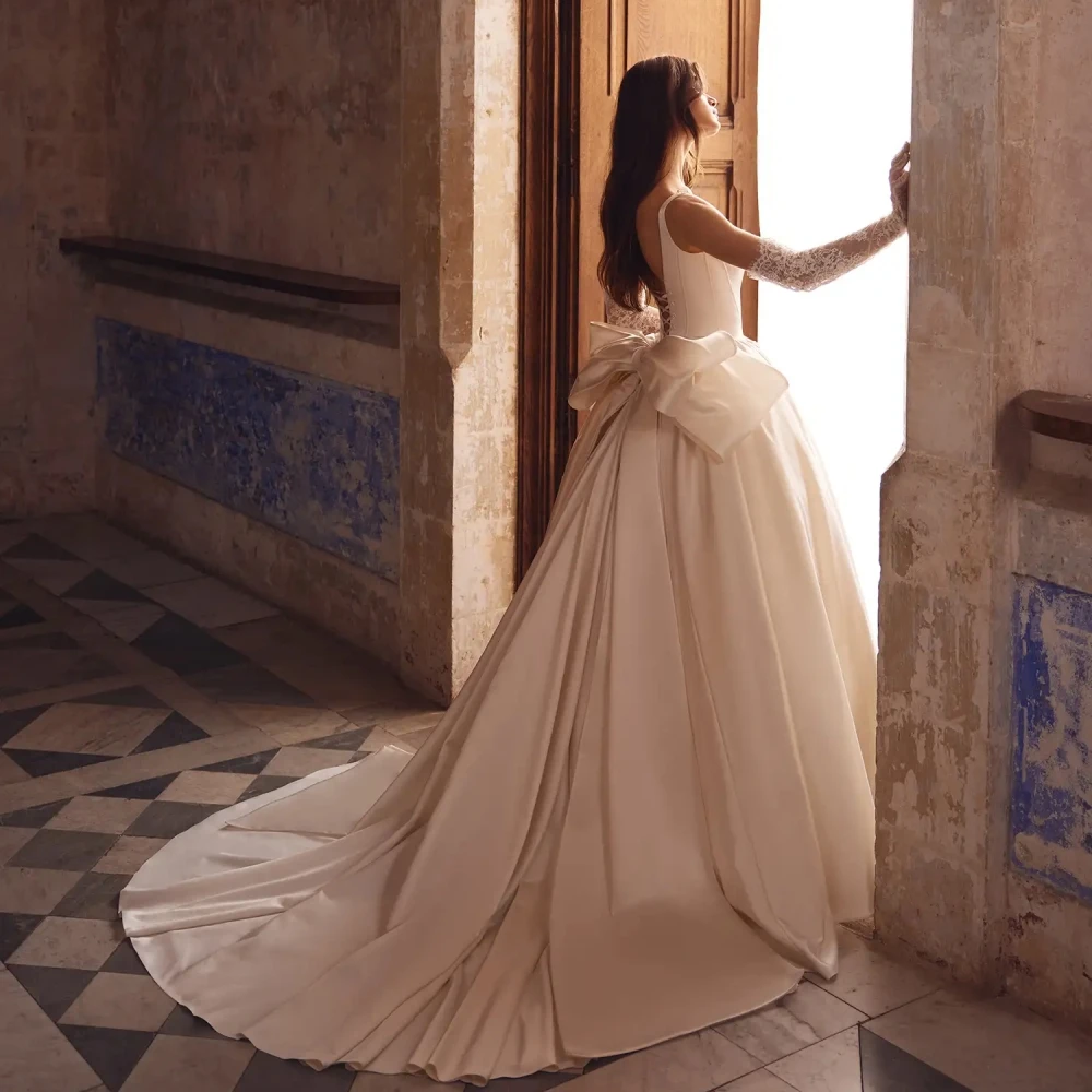 Graceful Strapless Sleeveless Wedding Dress Glitter Hand-sewn Pearls Bride Robe Vintage Satin A-line Bridal Gown Robe De Mariée 4