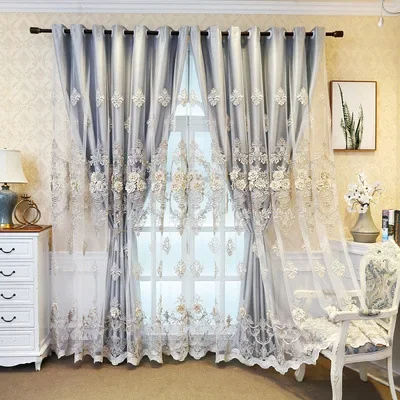 

European Style Atmospheric Relief Embroidered Yarn New Luxury Head Double-layer Shading Curtains for Living Dining Room Bedroom