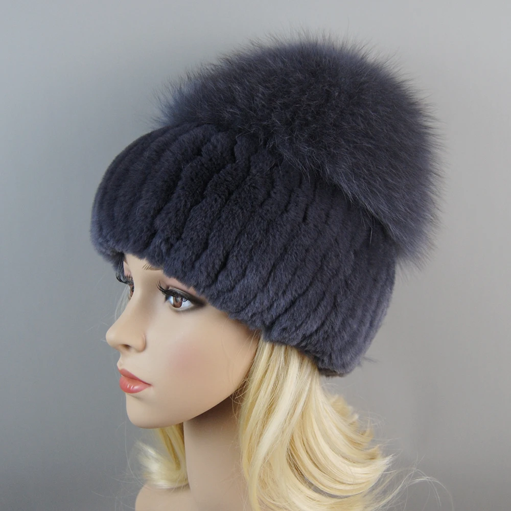 Russia Lady Winter Real Fur Hat Women Warm Knitted Genuine Rex Rabbit Fur Hat Top Natural Fox Bomber Caps Rex Rabbit Cap knitted hat