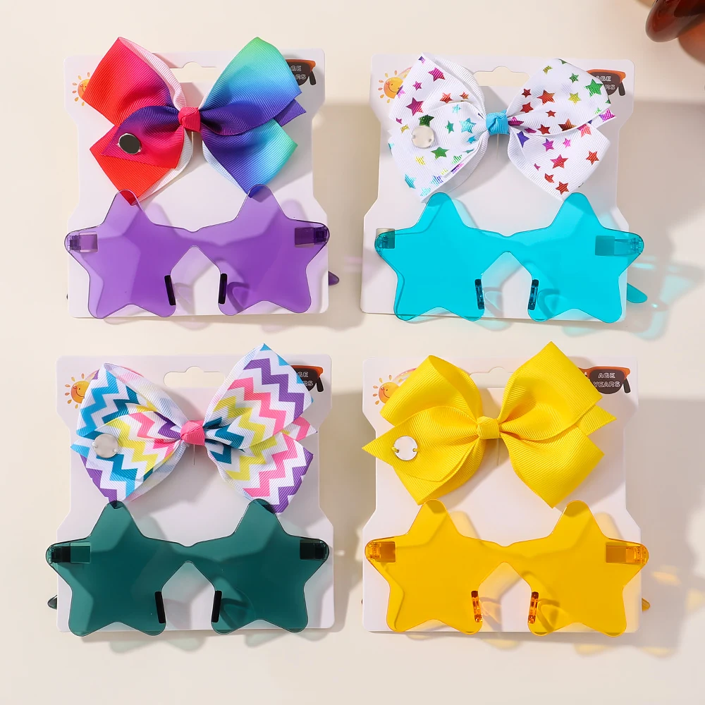 2Pcs/Pack Kids Summer Bows Hairpin Geometry Sunglasses Children Protection Glasses Baby Seaside Vacation Girls Hair Accessories