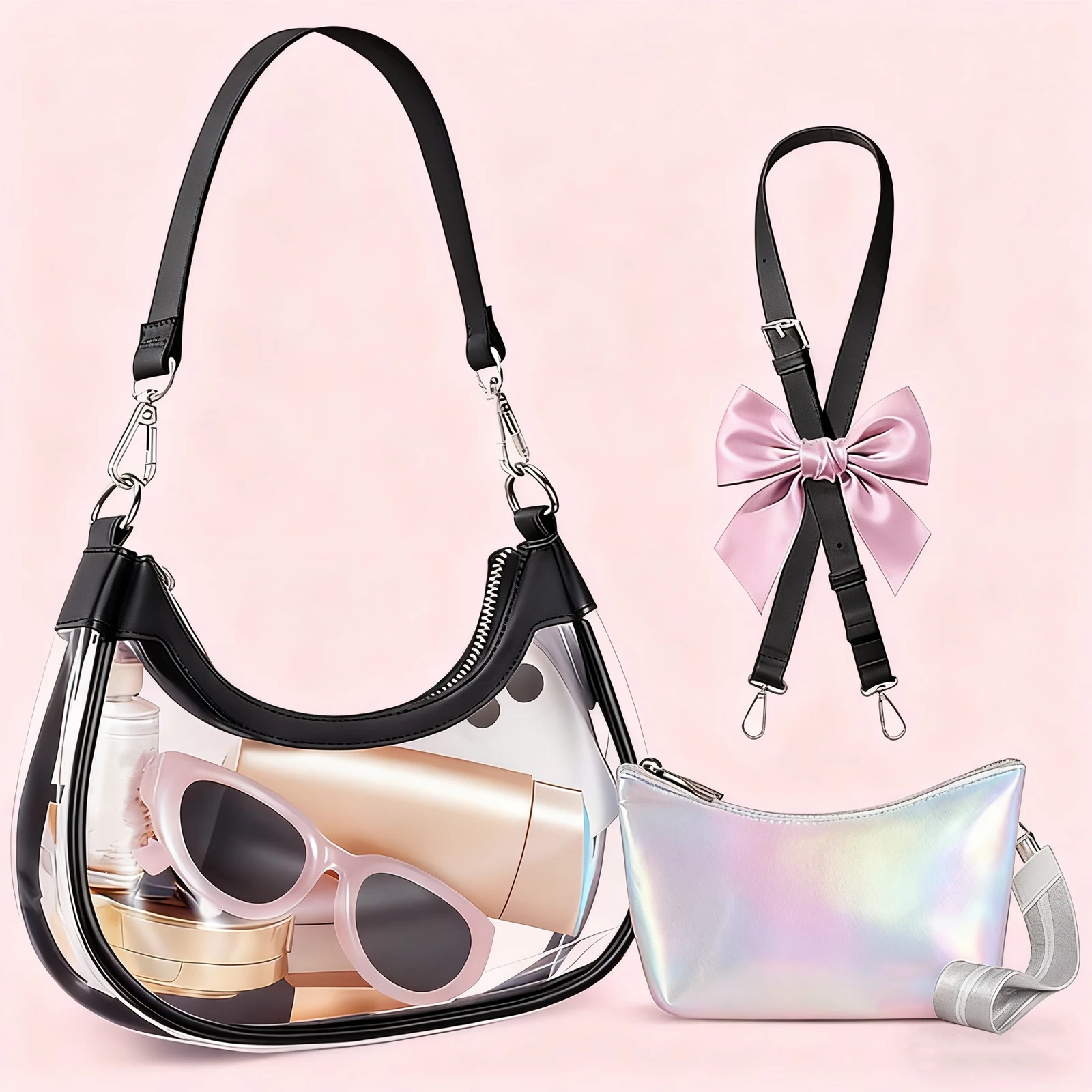 PVC Clear Handbag with Wristlet Wallet Concert Bag Clear Crossbody Bag for Women Stadium Approved