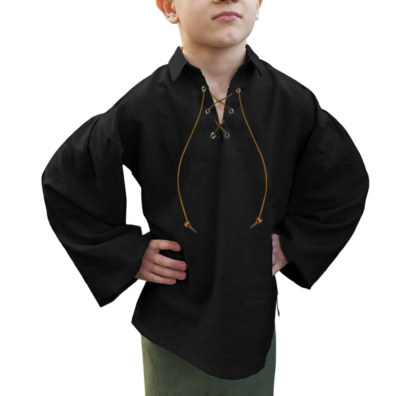 어린이 르네상스 셔츠 솔리드 레이스업 빈티지 해적 중세 바이킹 탑 코튼 린넨 셔츠 소년 긴팔 할로윈 코스튬