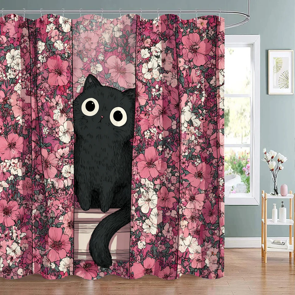 Tenda da doccia con gatto nero divertente cartone animato, tenda da doccia decorativa per bagno, tenda da doccia impermeabile con ganci  15