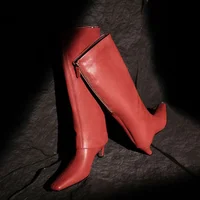 New Red Black Sheepskin Back Zipper Knee High Boots European American Square Headed Sexy 5.5cm High-heel Women Boots Size 34-41 - Image 3