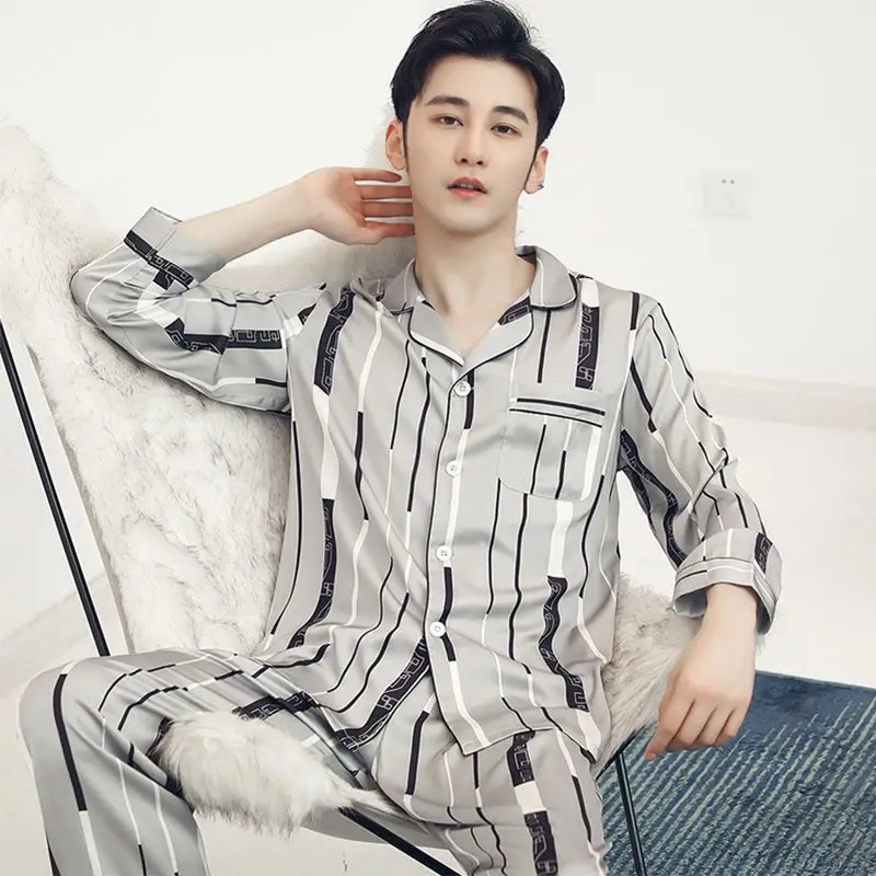 Summer Silk Sleepwear Men Pajamas Sets Tops Pants Two Pieces Loungewear Nightwear Lounge Suits Pajamas Loose Sleep Lounge New