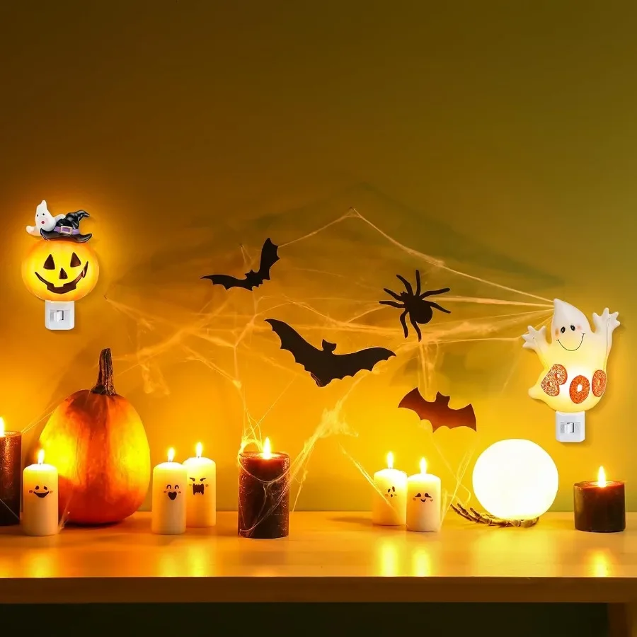 2 Pcs Halloween Night Lights Featuring Pumpkin Ghost Lantern and Boo Ghost Design with PlugIn Power Source for Festive Wall Dec