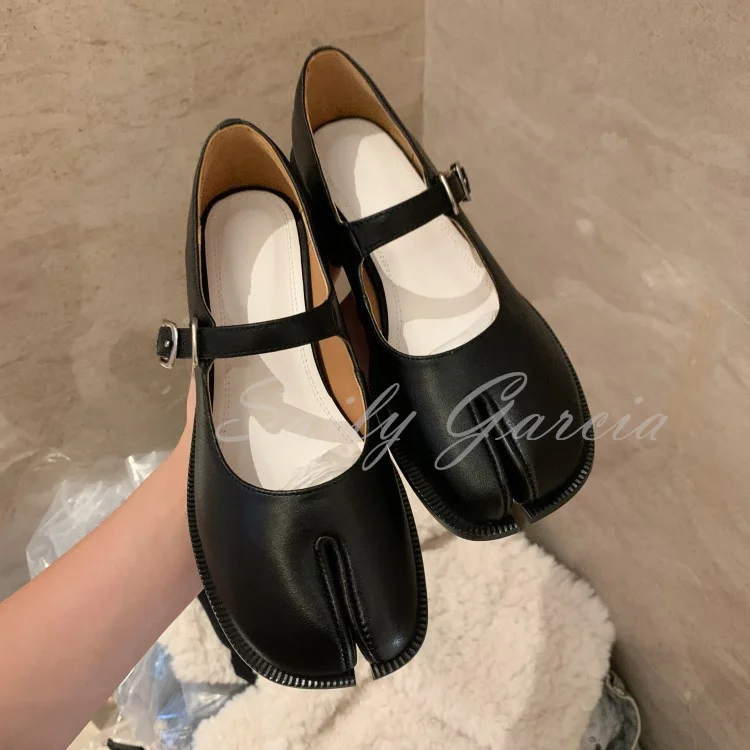 Split Toe Pig's Hoof Shoes For Women Solid Color Cowhide Spring New Style Medium Heel One Line Buckle Shallow Single Shoes