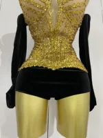 Women Shiny Golden Sequins Sexy Strapless Bodysuit With Gloves Celebrity Elegant Evening Party Birthday Dresses Stage Costume - Image 6