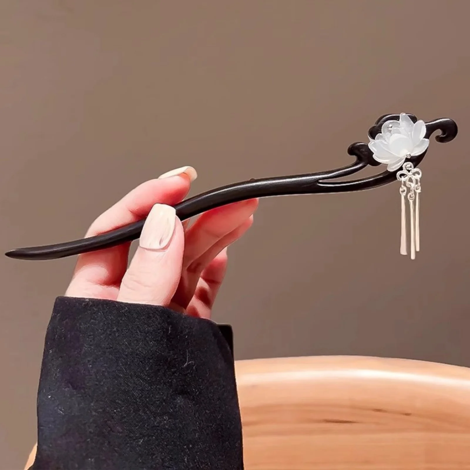 1PC Chinese- Style Wooden Hair Stick with Jade Flower & Tassels, Elegant Hair Accessory for Women, Traditional Hairpin for Updos