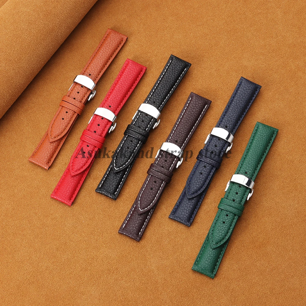 Premium Calfskin Litchi Leather Watch Strap with Butterfly Buckle