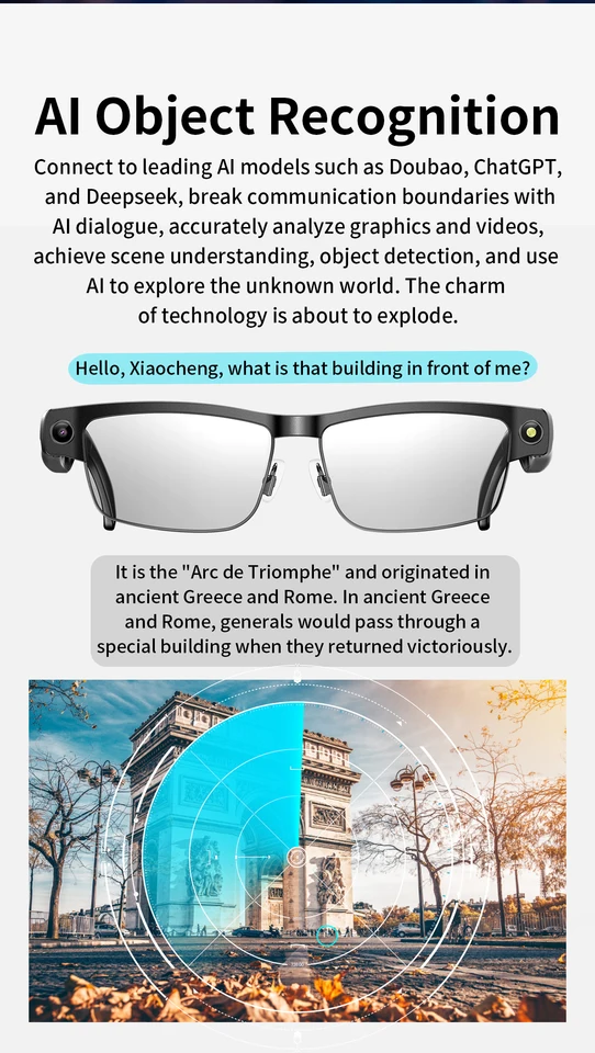 Lunettes Connectées IA Avec Caméra 8MP - Photos 32MP, Vidéo 4K Stabilisée - Traduction Temps Réel, Reconnaissance - Audio Bluetooth
