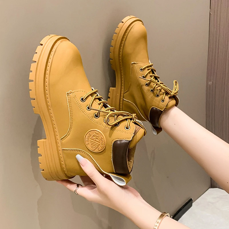 2022 Winter Women Boots Medium Heel Comfortable Ankle Ladies Boots Fashion Designer Shoes Solid Color Lace-Up Chaussure Femme