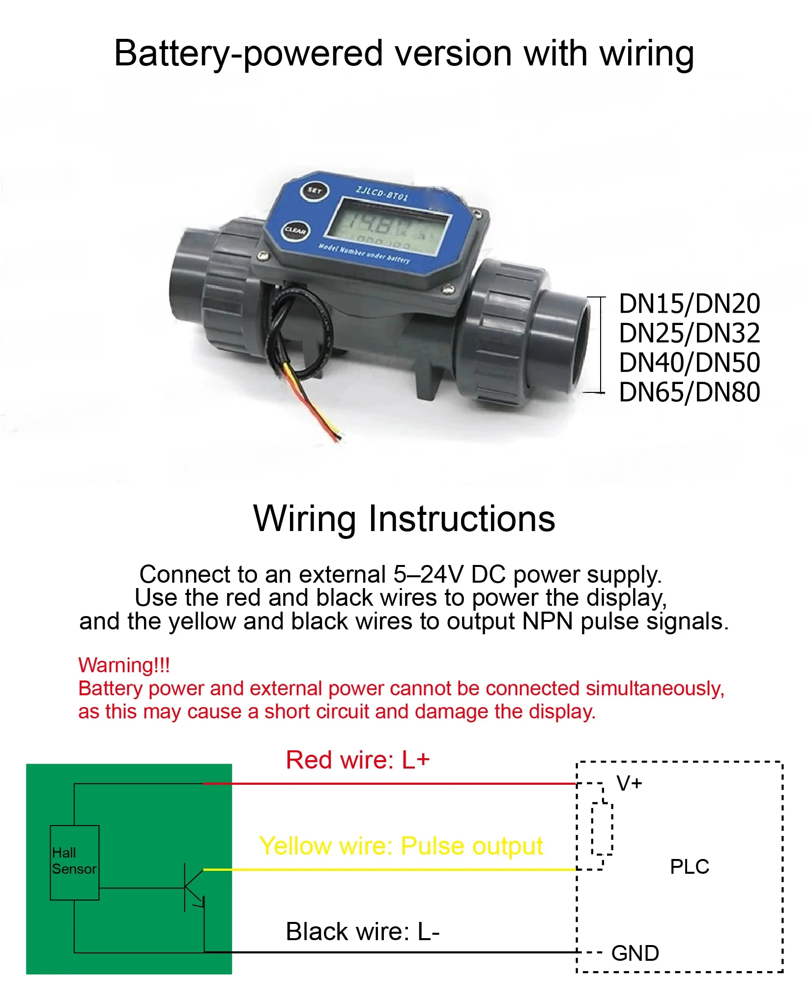 Wired Pipeline Digital Flow Meter DN15-DN80 LCD Display Flowmeter with Cable PVC