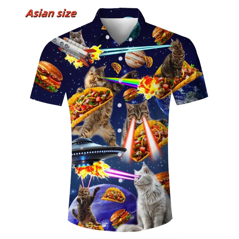 Hamburger pizza Graphic Beach Shirt for Men Colorful Cat Planet 3D Printed Hawaiian Shirts Summer Loose Short Sleeve Blouses casual short sleeved shirt short sleeved shirt hawaiian shirt