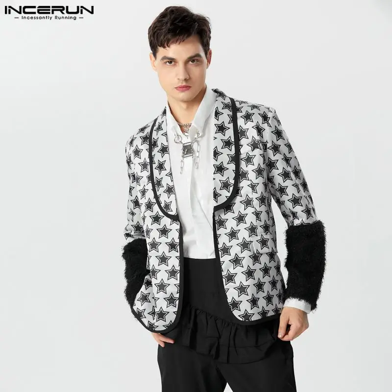 Incerun Top 2023 Stile Americano Da Uomo Divertente Stella Stampata Patchwork Polsini In Peluche Design Vestito Casual Moda Vendita Calda Blazer S-5Xl