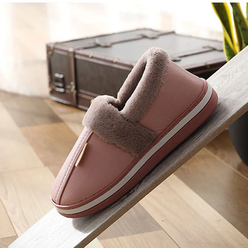 Womens House Slipper Female PU Leather Winter Warm Plush Cotton Indoor Fuzzy Non Slip Room Home Floor Shoes Casual Waterproof