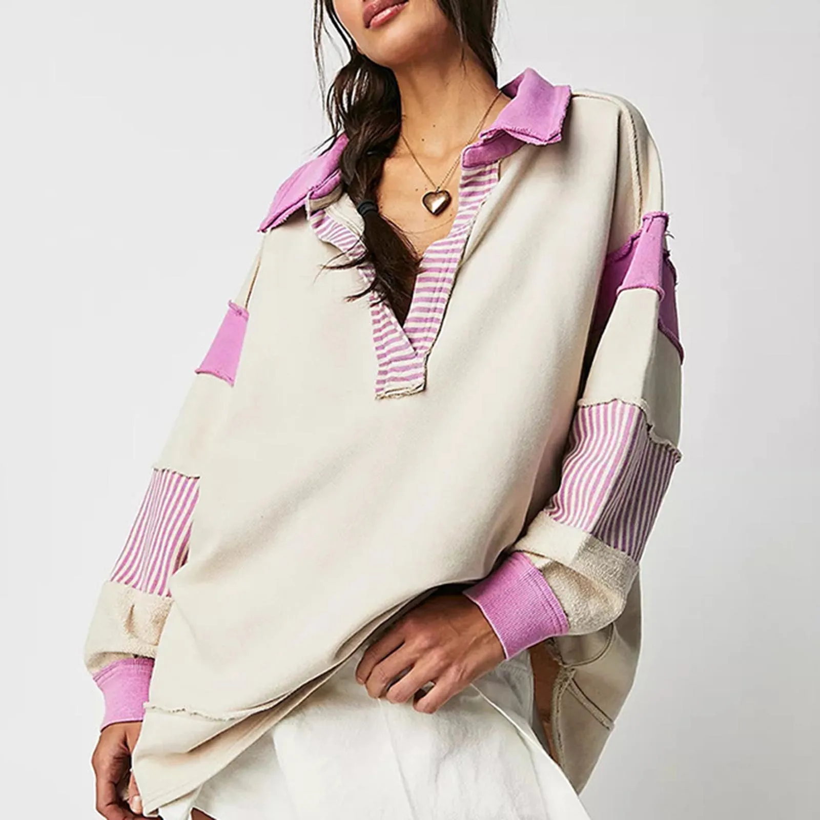 

Womens Oversized Sweatshirt Lapel Collared V Neck Shirts Pullover Color Long Sleeve Tops Zip Pullover for Women
