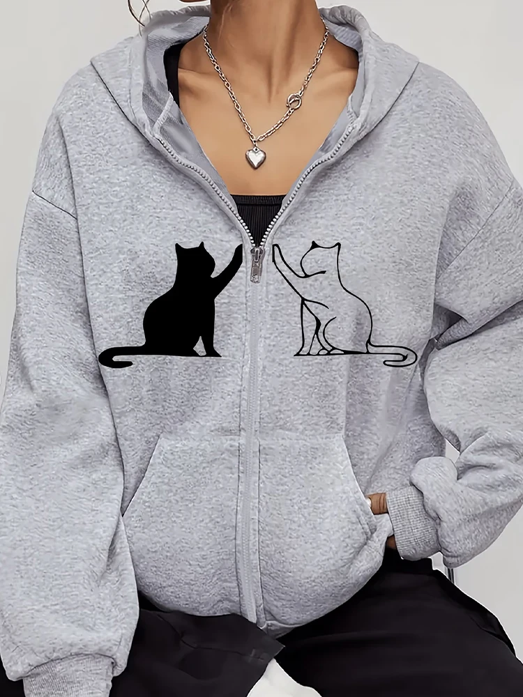 Playful Black Cat, Women'S Long Sleeve Zip-Up Casual Jacket with Cat Prints, Suitable for All Seasons Women'S Apparel Hoodie