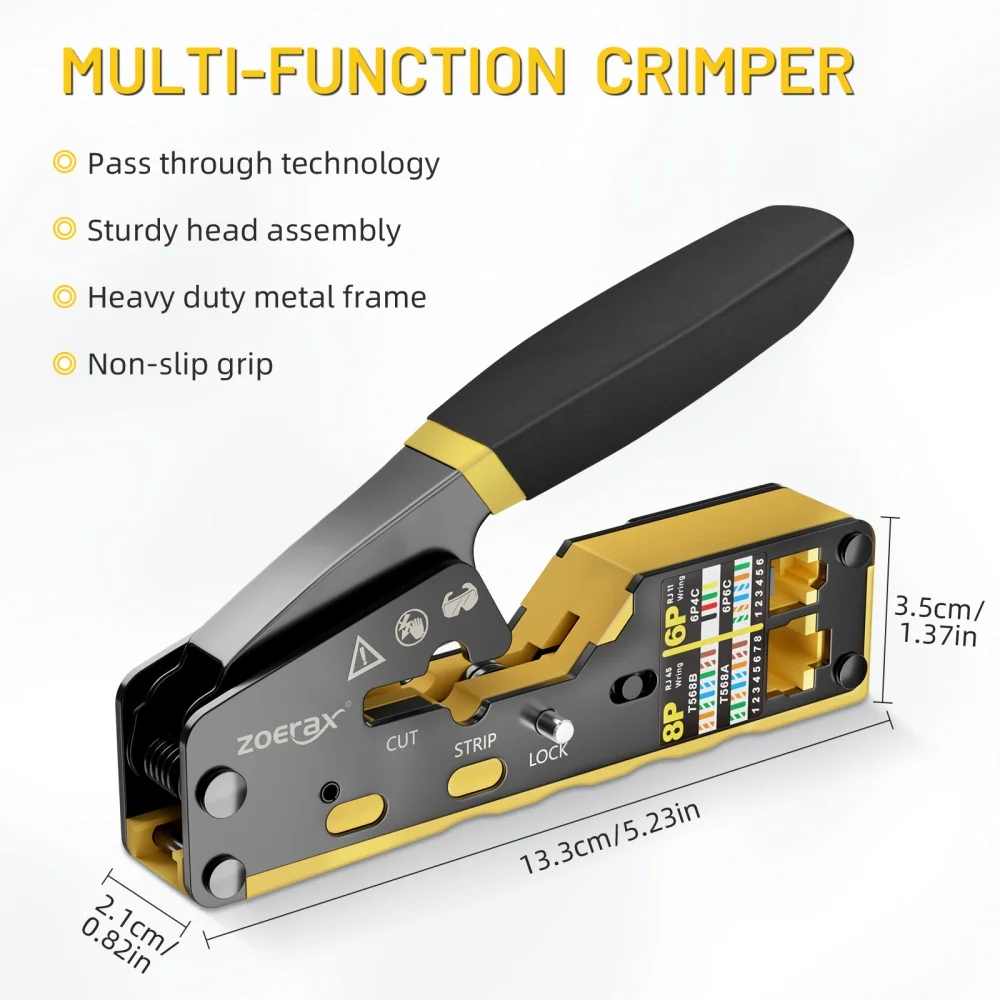 ZoeRax RJ45 CAT6 Crimp Tool Pass Through Crimper Cutter for Cat6 Cat5 Cat5e 8P8C Modular Connector Ethernet All-in-one Wire Tool — view 5
