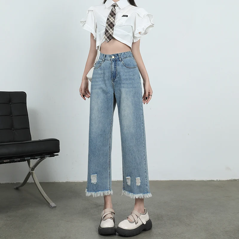 

Women's Summer Thin High Waist Wide Leg Pants American Street Perforated Burr Edge Design Retro Style Female Calf-length Jeans