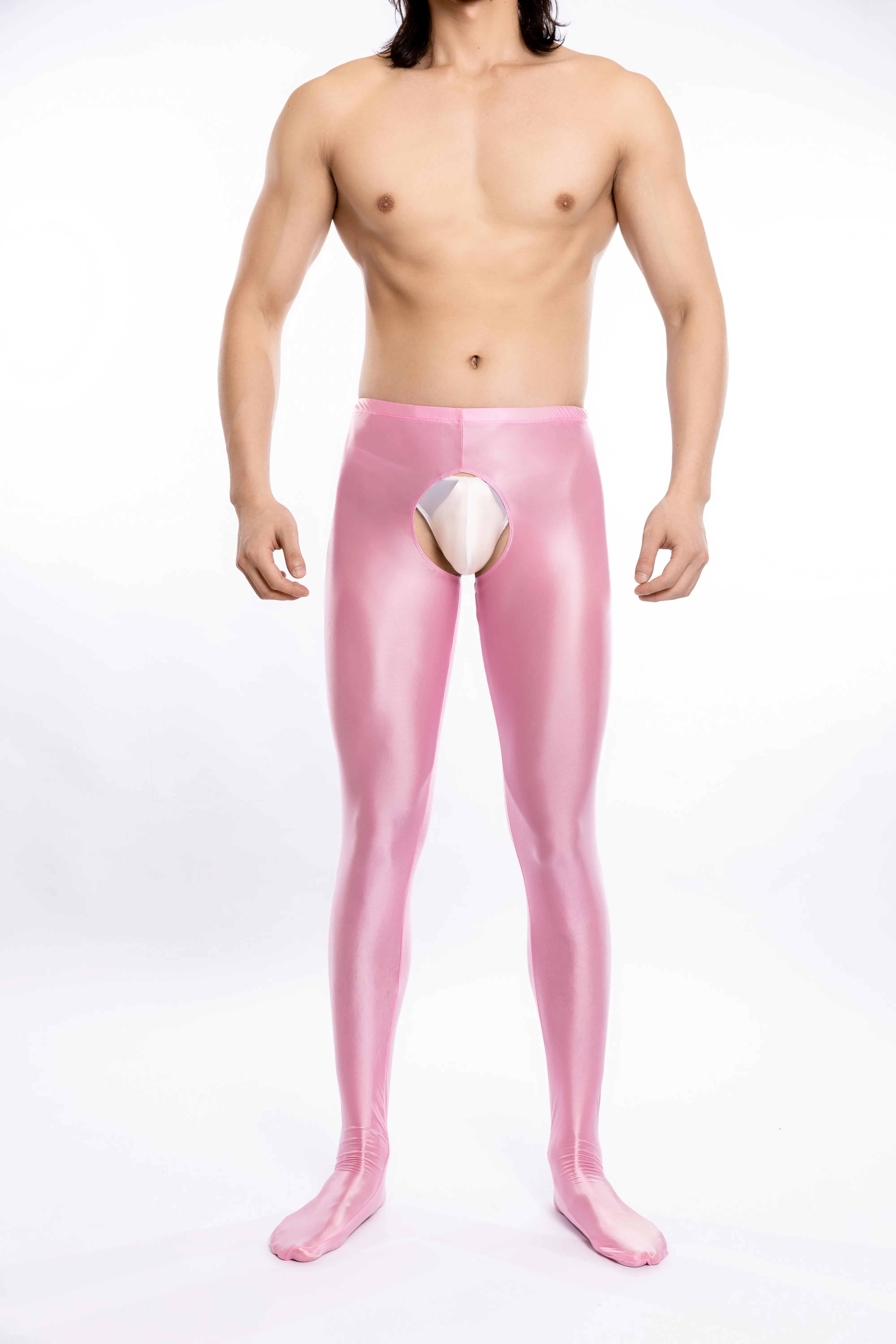 Men's open crotch leggings high waisted covered cut shiny bodysuits underwear nightclub dance costumes