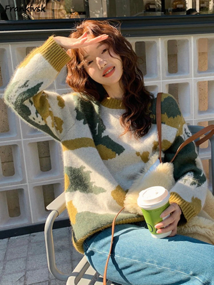 

Sweaters Women Retro Pattern Trendy Advanced All-match Autumn Cozy Leisure Office Lady Elegant Knitwear O-neck Students Stylish