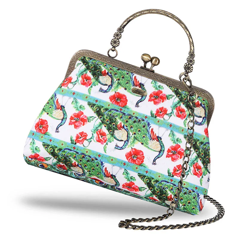 Vintage  Handbag Women Canvas Kisslock Shoulder Bag Chain Strap Retro 50s Purse Evening Party Peacock Elegant Embroidered Walle