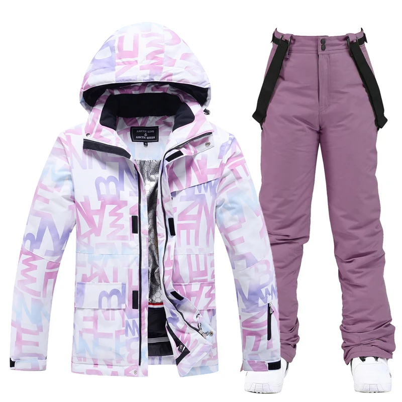 Women's Snow Wear 10k Waterproof Ski Suit Set Snowboard Clothing Outdoor Costumes Winter Ice Jackets + Strap Pants For Girls
