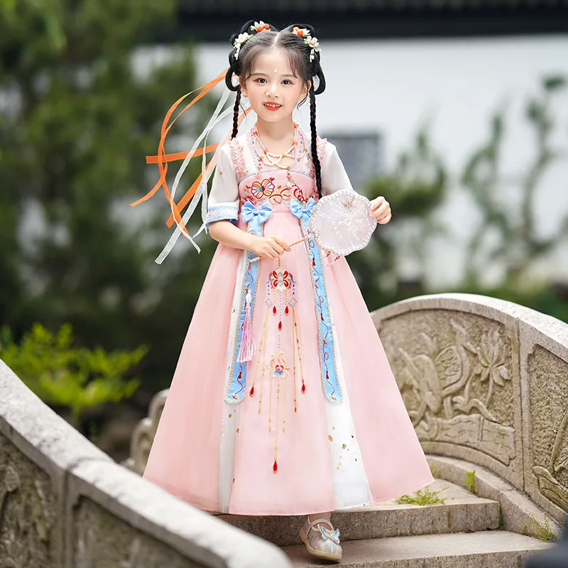 

Cosplay Fairy Dresses Chinese Traditional Pink Embroidery Hanfu Girl Summer Costume Tang Suit Kids Clothes