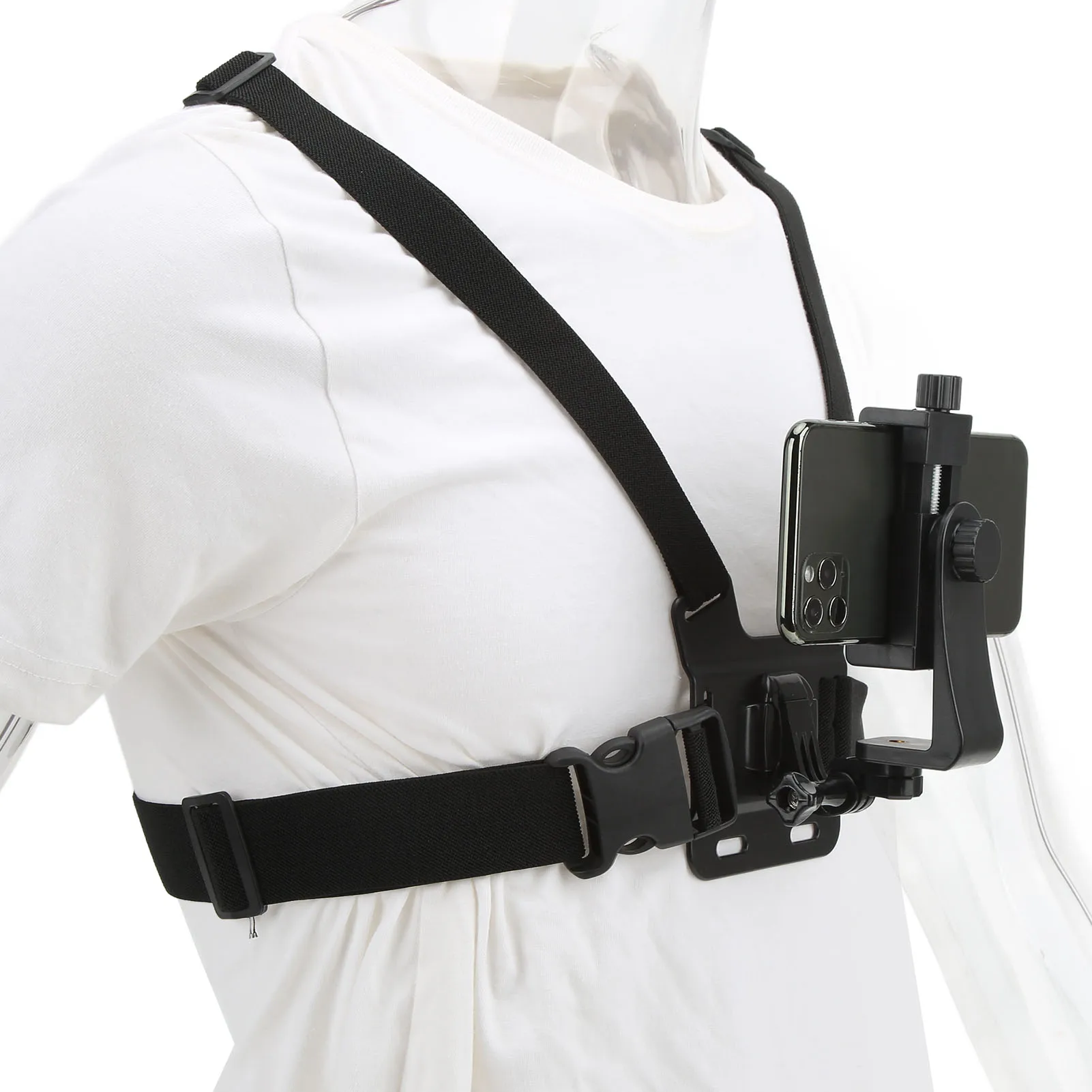 퀵릴리즈 조절식 가슴 마운트 하네스 스트랩, ABS 편리한 휴대폰 가슴 스트랩, 라이브 스트리밍용 전화 거치대 포함