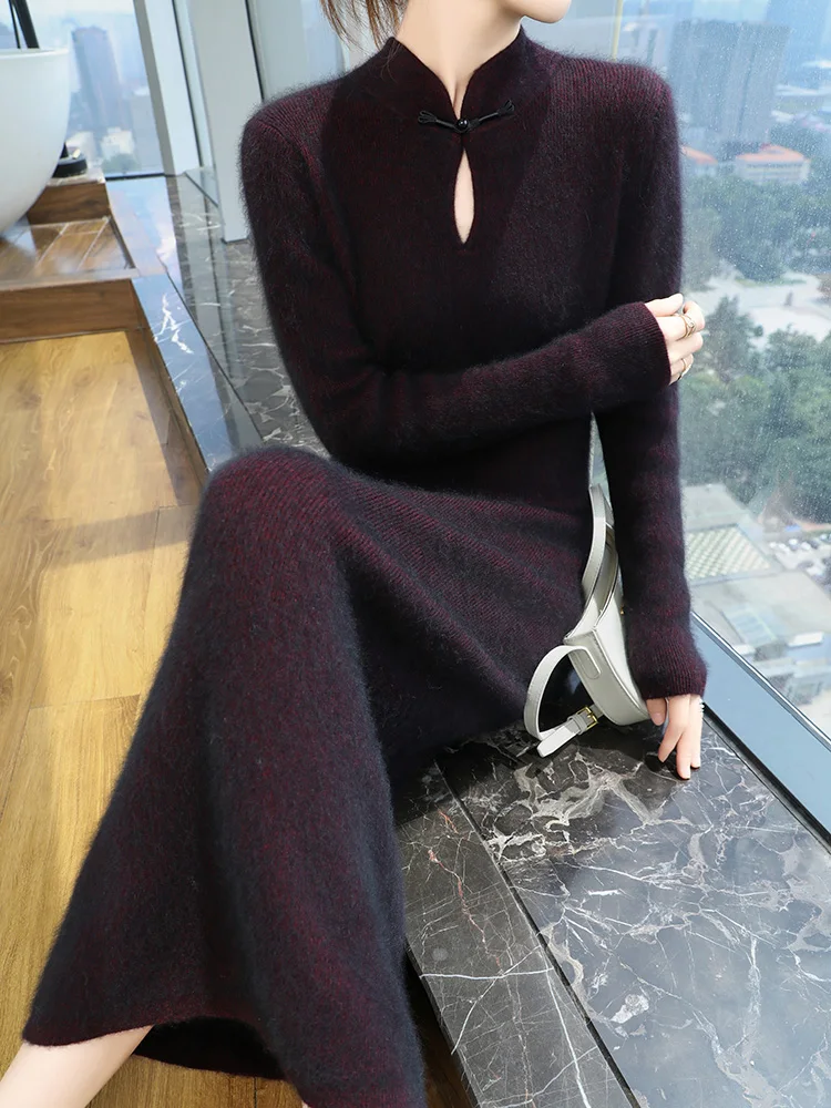100% Pure Mink Cashmere Knitted Dress Women Stand Up Collar Button Long Skirts Casual High Waist Over Knee Dress New Thick Skirt 5