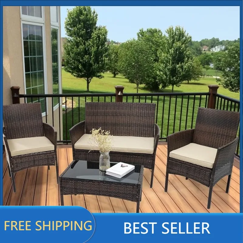 

Patio Furniture Set, 4 Pieces Porch Backyard Garden Outdoor Furniture Rattan Chairs and Table Wicker Conversation Set
